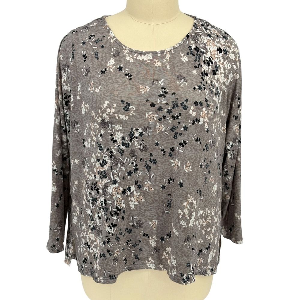 Mario Serrani Floral Long Sleeve Top Grey Heathered Stretch XXL